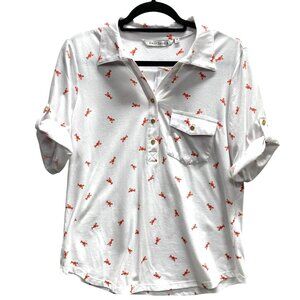 Emily Daniels Polo Top, Size Medium, Lobster Print, Roll Tab Short‎ Sleeve NEW